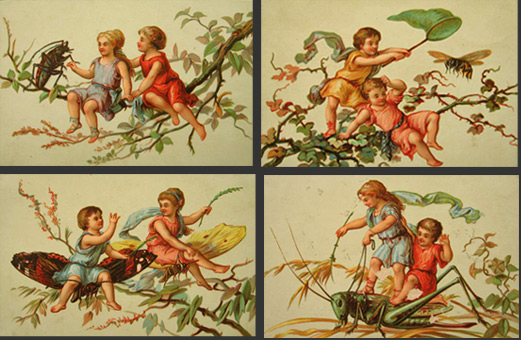 tiny children with large insects trade card