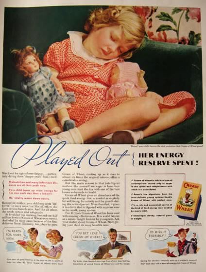 1936 Cream of Wheat Ad ~ Child Sleeps with Vintage Dolls