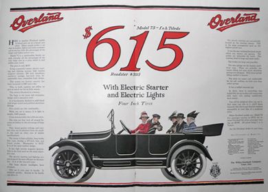 1916 Overland Roadster Ad ~ Electric Starter, Electric Lights