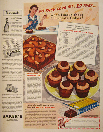 1941 Baker's Chocolate Ad ~ Chocolate Apricot Cream Cakes Recipe