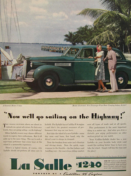 1939 Cadillac La Salle Touring Sedan Ad ~ Sailing on the Highway