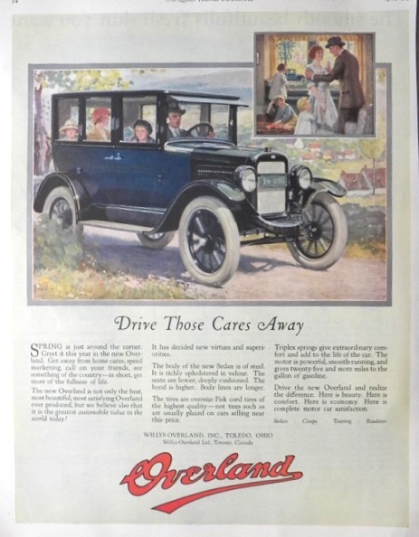 1923 Willys Overland Ad ~ Drive Those Cares Away