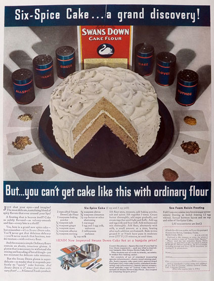 1935 Swans Down Cake Flour Ad ~ Spice Cake Recipe