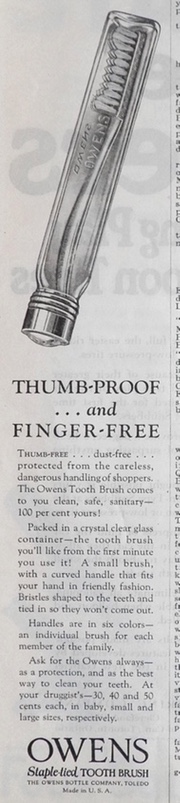 1924 Owens Thumb-Proof Toothbrush Ad