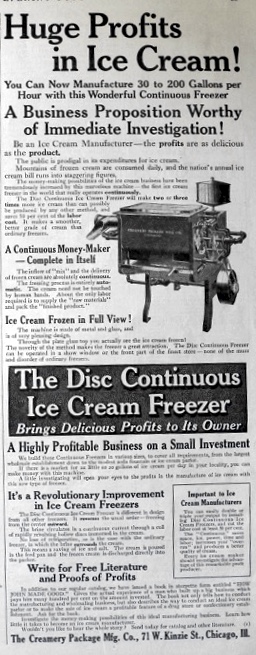 1910 Disc Continuous Ice Cream Freezer Ad ~ Frozen in Full View!
