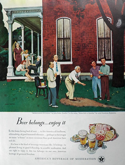 1947 Beer Belongs Ad ~ John Falter Pitching Horseshoes