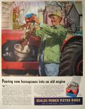 1947 Sealed Power Piston Rings Ad ~ Horses Poured Into Engine
