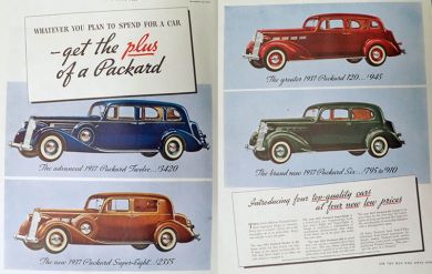 1937 Packard Car Ad ~ 4 Models, 2 Pages