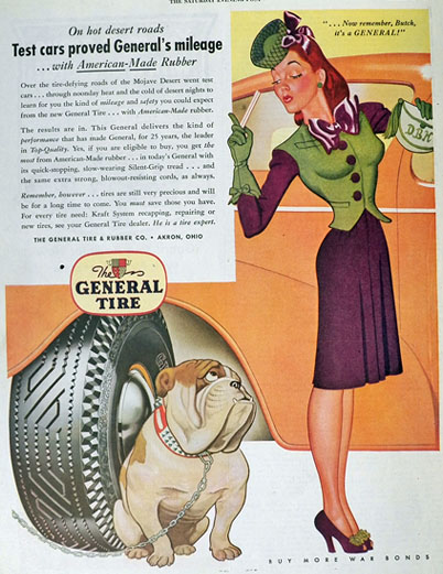 1943 General Tire Ad ~ Woman with Bulldog Cartoon