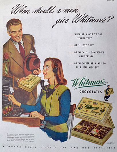 1945 Whitman's Candy Ad ~ When Should a Man Give Whitman's?