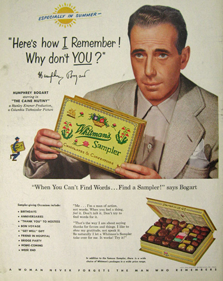 1954 Whitman's Chocolate Ad ~ Humphrey Bogart