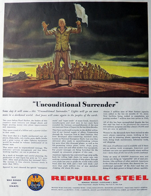 1943 Republic Steel Ad Unconditional Surrender, Vintage Ads (Misc)