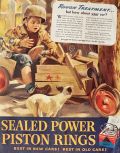 1945 Sealed Power Piston Rings Ad ~ Boy on Wooden Go-Cart & Dog