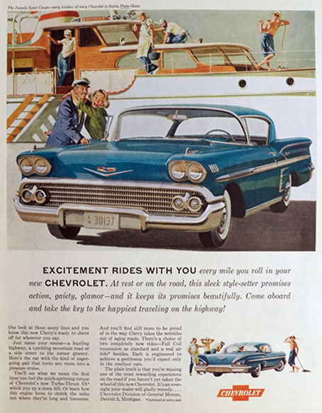 1958 Chevy Impala Sport Coupe Ad ~ Excitement Rides With You