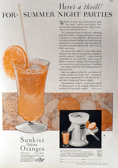 1930 Sunkist Oranges Ad ~ Summer Night Parties