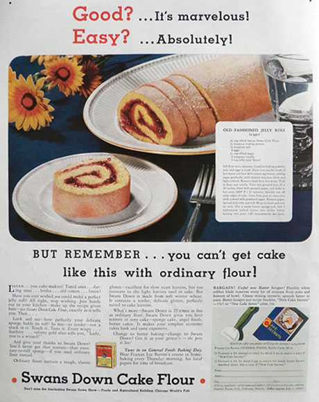 1933 Swans Down Cake Flour Ad ~ Jelly Roll Recipe