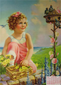 1940 Mabel Rollins Harris, Curly Hair Child & Bluebirds ~ Large Litho Calendar Sample