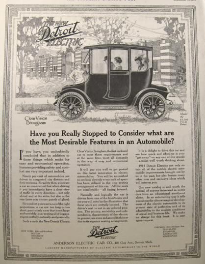 1912 Detroit Electric Automobile Ad ~ Clear Vision Brougham