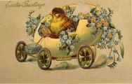 Easter Greetings Postcard ~ Chick in Egg Car