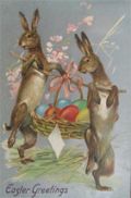 Easter Greeting Two Bunnies Carry Egg Basket Postcard