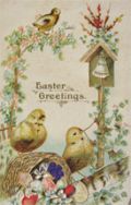 Chick Rings Bell Easter Greetings Postcard