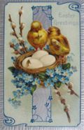 Chicks with Eggs in Nest Easter Greetings Postcard