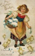 Young Girl with Chicks & Eggs Easter Postcard
