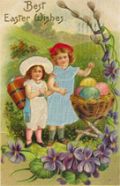 Two Children Large Basket Easter Eggs Postcard