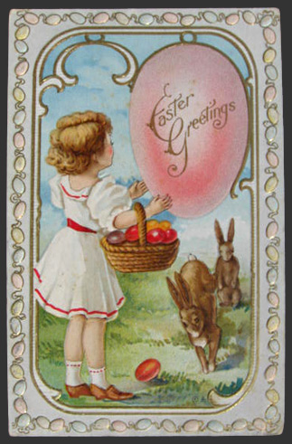 Easter Greetings ~ Child with Two Bunnies, Egg Basket Postcard