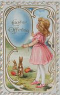 Easter Offering ~ Girl with Two Bunnies Postcard