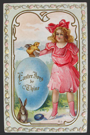 Easter Joys Be Thine Girl with Chick & Bunny Postcard