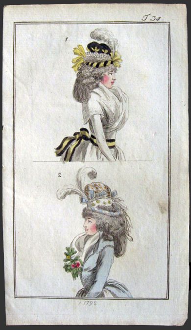 1792 Antique Hand-Colored Fashion Print ~ Elaborate Feather Hats