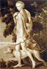 Huntress Diana, Greyhound Dog, Bow & Arrow Antique Print