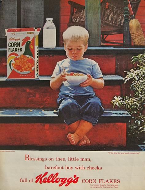 1963 Kellogg's Corn Flakes Ad ~ Barefoot Boy on Stoop