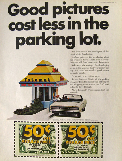 1971 Kodak Fotomat Ad ~ Cost Less in the Parking Lot
