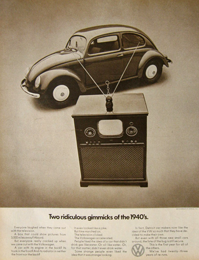 1971 VW Volkswagen Beetle Ad ~ Two Gimmicks of the 1940's