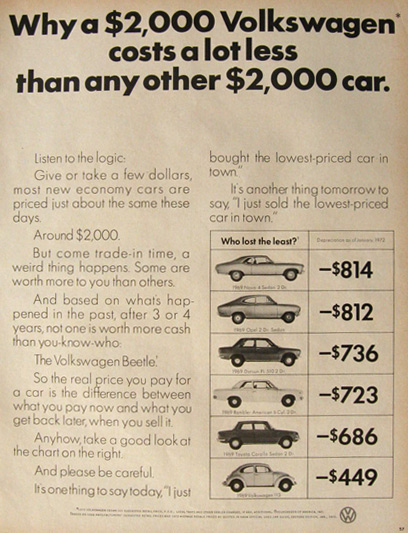 1973 VW Volkswagen Beetle Ad ~ Less Than Any Other $2,000 Car
