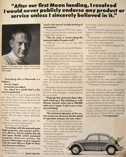 1972 VW Volkswagen Beetle Bug Ad ~ Buzz Aldrin