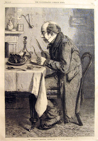Bachelor Eats Christmas Dinner Antique Print