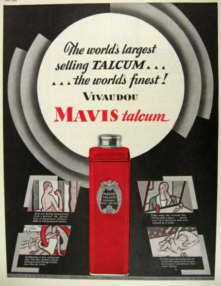 1929 Vivaudou Mavis Talcum Ad ~ Red Cannister