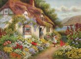 1929 Cottage With Floral Garden Print ~ J.R. Thornton
