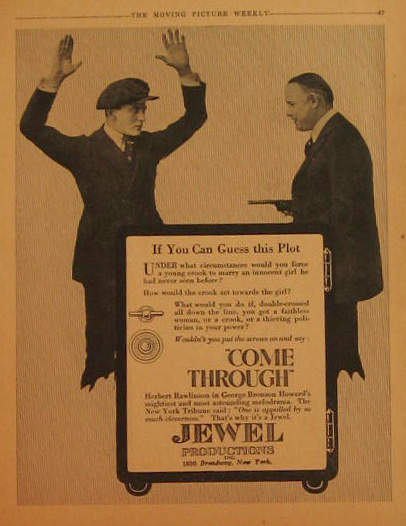 Come Through, Herbert Rawlinson 1917 Silent Movie Ad