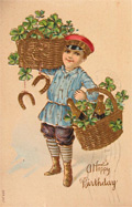 Boy Delivers Champagne, Horseshoes, Clovers Birthday Postcard