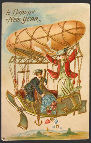 Happy New Year Couple on Blimp Airship Postcard