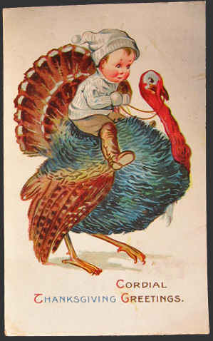 Baby Rides Large Turkey Thanksgiving Postcard