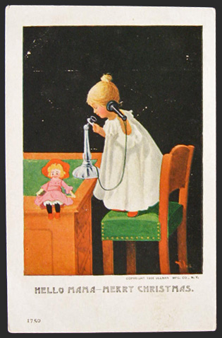 Girl on Telephone Hello Mama Christmas Postcard