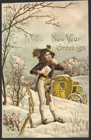 Young Man with Coach New Year Postcard