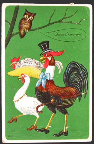 Dressed Rooster & Chicken on a Date Postcard