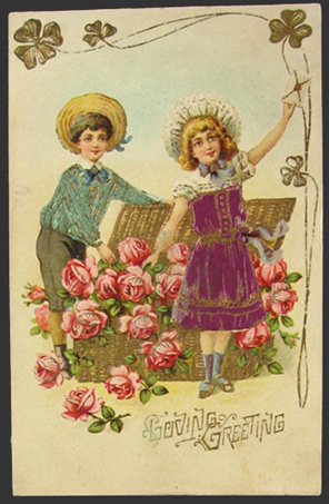 Children with Basket of Roses Vintage Postcard
