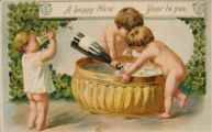 Nude Children Drink Champagne Vintage New Year Postcard